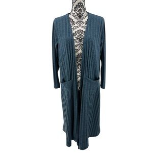 Blue Ribbed Knit Duster Cardigan Longline Open Front Pocket Loungewear Sweater M
